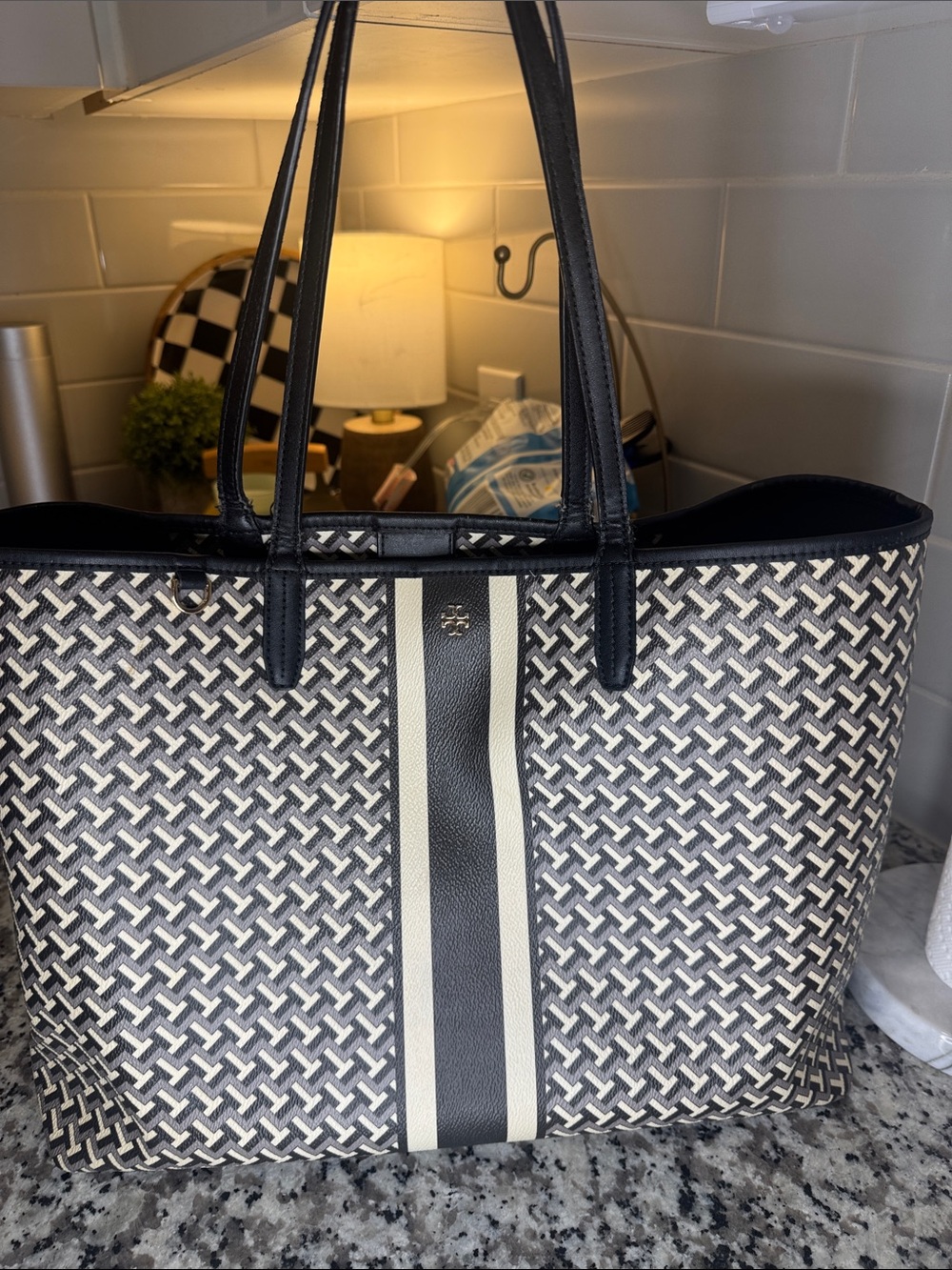 Tory Burch Black and Cream Woven-Pattern Tote